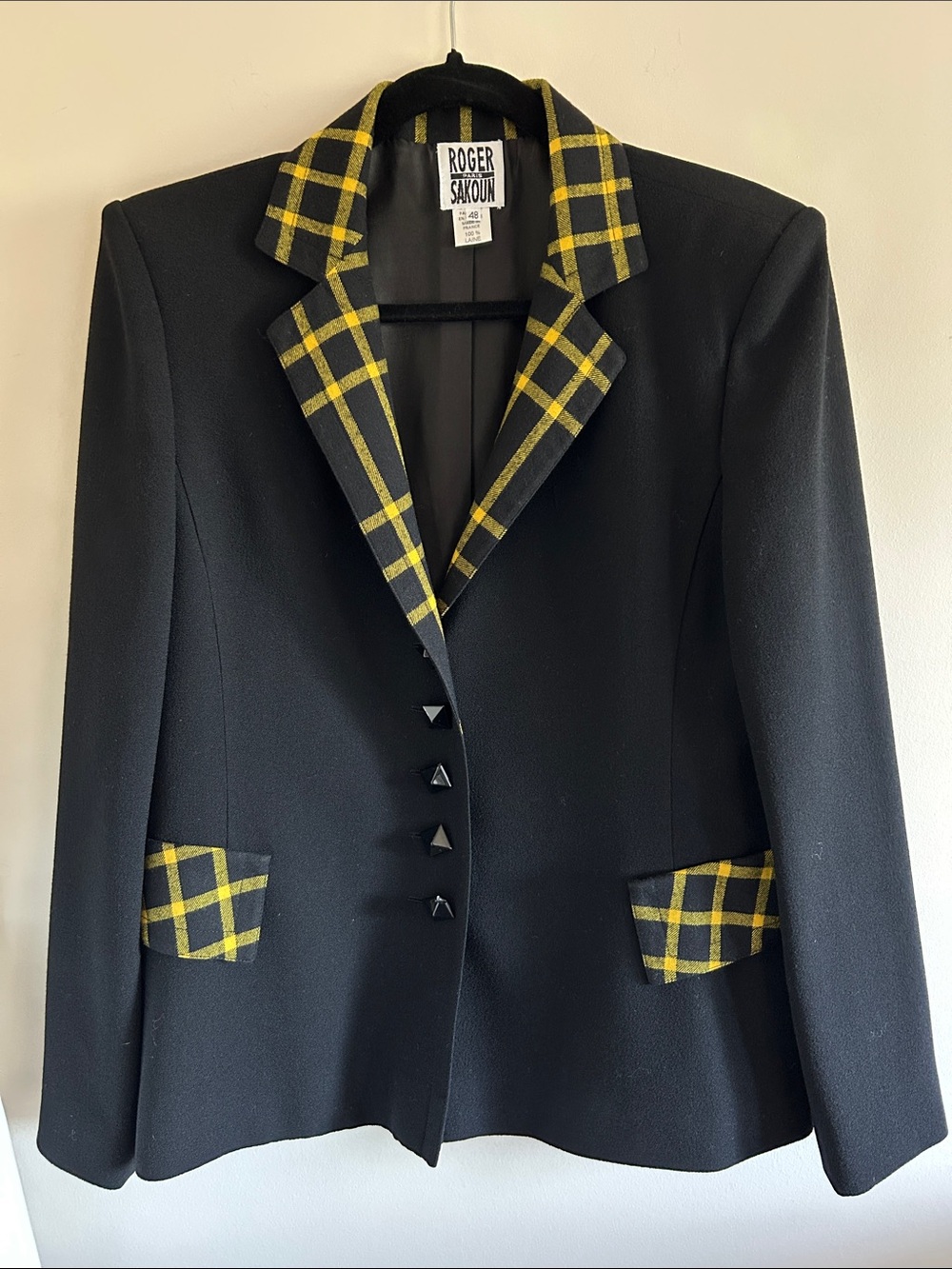 Roger Sakoun Paris Vintage 80s Black Blazer with Yellow Plaid Trim